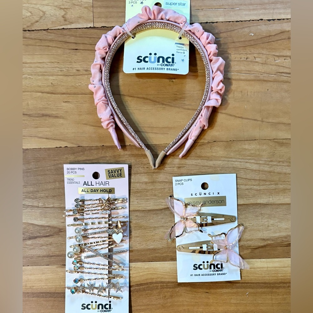 NWT Scunci Headbands, Butterfly Clips & Hair Pins in Gold, Pink and Jewels